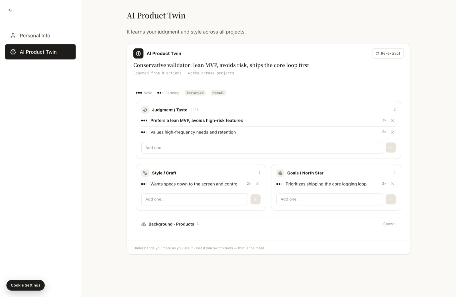 ArcPM AI Product Twin — a private profile of your product taste, learned from your decisions: judgment, style, and goals, each trait backed by the calls you made.
